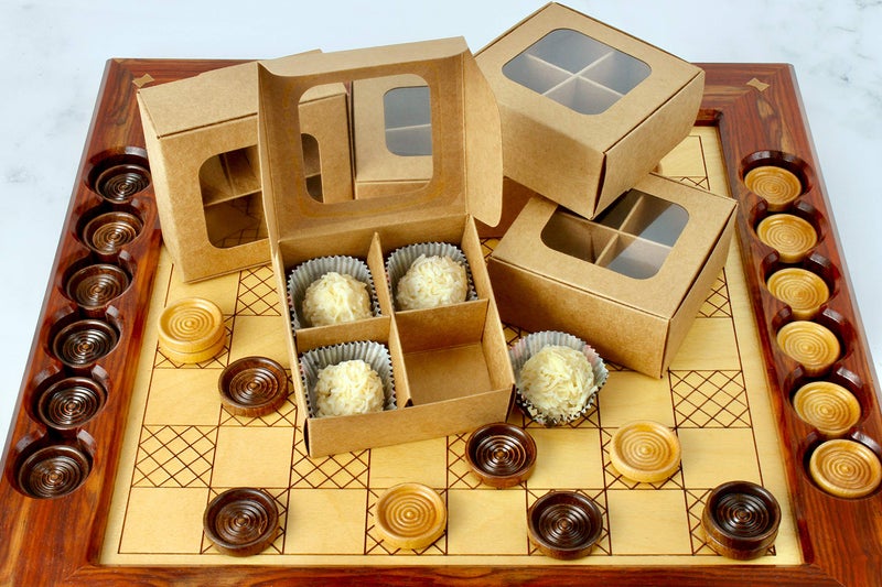 GRETEL BAKING 20pcs Kraft Treat Boxes with Window and Dividers | 4 X-SMALL compartments | 3.5 x 3.5 x 1.57 in | Empty candy boxes for gift giving, truffle box - perfect for Valentine's Day - Image 3